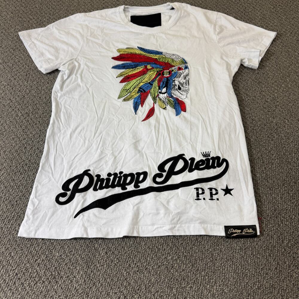 Philipp Plein Embellished Embroidered Indian Chief Skull T Shirt Size L White